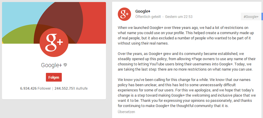Google Plus Klarnamenspflicht aufgehoben