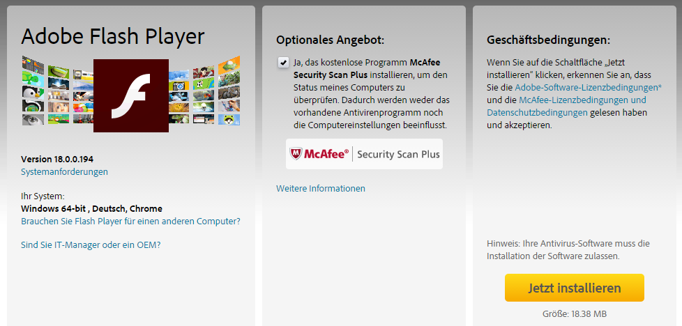 Adobe Flash Player mit McAfee Security Scan Plus installieren?